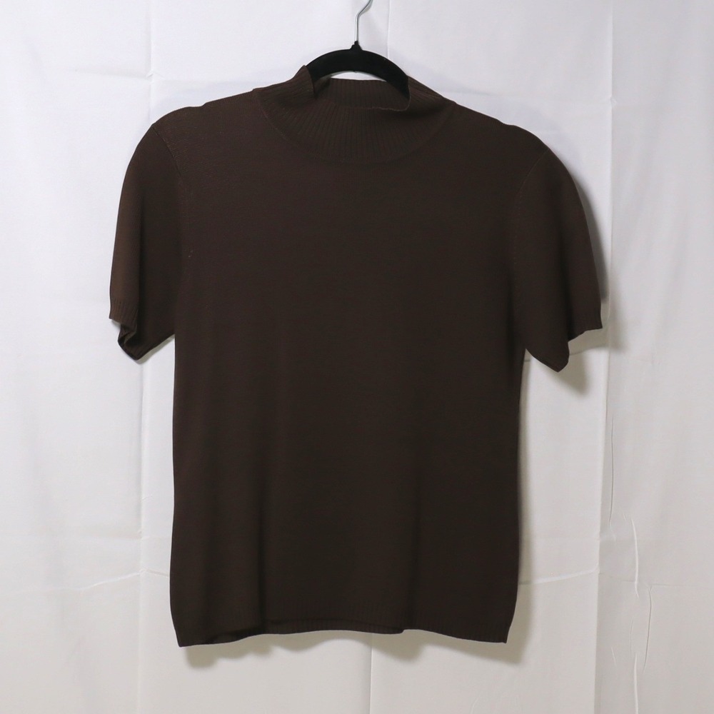 Barry Bricken Short Sleeve Knit Top Brown Womens Mock Neck Minimalist Sweater